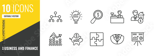 business and finance outline icon set. 10 linear vector for ui, web and mobile. thin line hierarchy, solution, money finder icons.