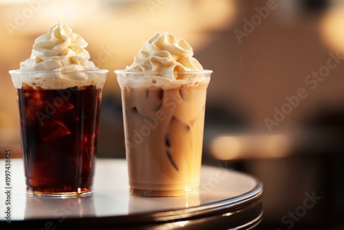 Coffee Drinks Served in Clear Cups at a Cafe in the Afternoon Light