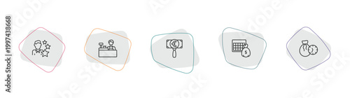 business and analytics outline icon set. linear vector for ui, web and mobile. thin line expert, supermarket cashier, euro under magnifier icons.