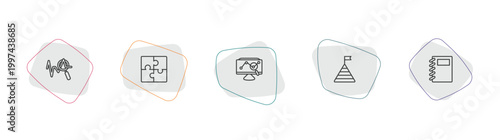 business and analytics outline icon set. linear vector for ui, web and mobile. thin line sine waves analysis, puzzle game piece, stock market icons.