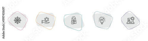 business and analytics outline icon set. linear vector for ui, web and mobile. thin line spider chart, revenue, woman with money icons.
