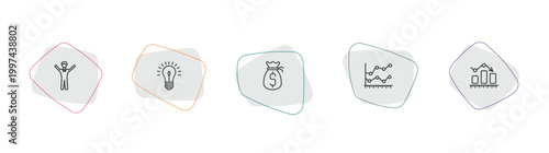 business outline icon set. linear vector for ui, web and mobile. thin line man success, round light bulb, money sack icons.