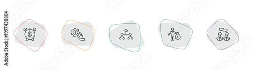 business and analytics outline icon set. linear vector for ui, web and mobile. thin line dollar on business time, hand with money gear, hierarchy icons.