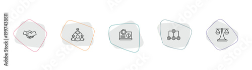 business and analytics outline icon set. linear vector for ui, web and mobile. thin line shaking hands, partnership, laptop analysis icons.