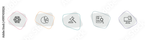 business and analytics outline icon set. linear vector for ui, web and mobile. thin line radar chart, pie graphic, trial hammer icons.