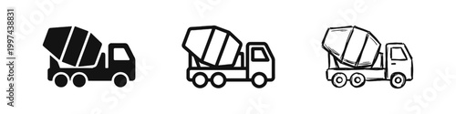 Concrete Mixer Truck Icon Set - Construction, Heavy Equipment, and Infrastructure Symbols