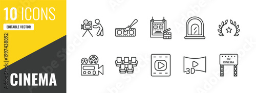 cinema outline icon set. 10 linear vector for ui, web and mobile. thin line cameraman, animation, film poster icons.