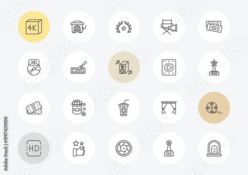 cinema outline icon set. linear vector for ui, web and mobile. thin line 4k, hd dvd, two movie tickets icons.