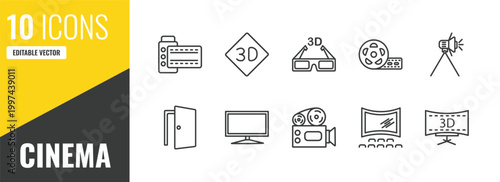 cinema outline icon set. 10 linear vector for ui, web and mobile. thin line camera roll, 3d text, 3d movie icons.