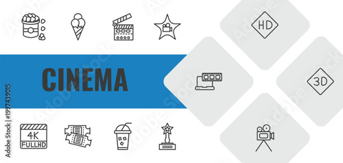 cinema outline icon set. linear vector for ui, web and mobile. thin line popcorn bag, stripped ice cream cone, cinema flapper icons.