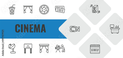 cinema outline icon set. linear vector for ui, web and mobile. thin line papper cup with straw, cinema curtains, camera lens icons.