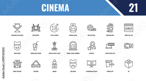 cinema outline icon set. linear vector for ui, web and mobile. thin line red carpet, 1080p full hd, actress icons.