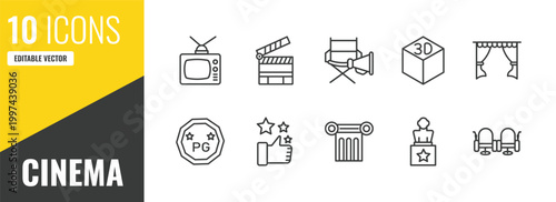 cinema outline icon set. 10 linear vector for ui, web and mobile. thin line television with antenna, cinema clapperboard, film director icons.