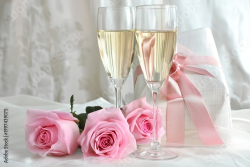 Couples Celebrate With Champagne and Roses at a Wedding Reception in a Decora...