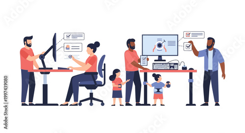 Remote Work-Life Balance: Professionals Managing Digital Tasks, Collaborating & Juggling Family at Home - Flat Illustration