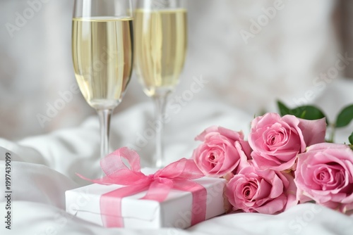 Couples Celebrate With Champagne and Roses at a Wedding Reception in a Decora...