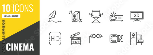 cinema outline icon set. 10 linear vector for ui, web and mobile. thin line author, loud woofer box, director film chair icons.
