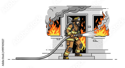 Firefighter battling flames in a burning building illustration