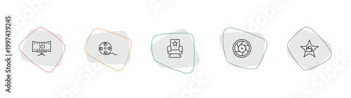 cinema outline icon set. linear vector for ui, web and mobile. thin line 3 dimension screen, movie roll, cinema chair icons.