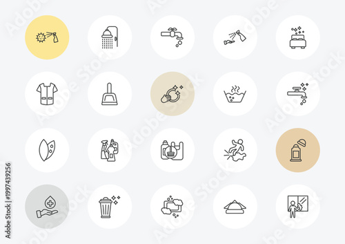 cleaning outline icon set. linear vector for ui, web and mobile. thin line virus cleanin, cleaner uniform, leaf cleanin icons.