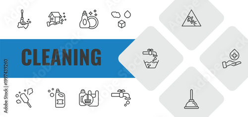 cleaning outline icon set. linear vector for ui, web and mobile. thin line floor mop, cleaning house, dishwashing detergent icons.