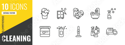 cleaning outline icon set. 10 linear vector for ui, web and mobile. thin line bucket cleanin, dusting, scouring pads icons.