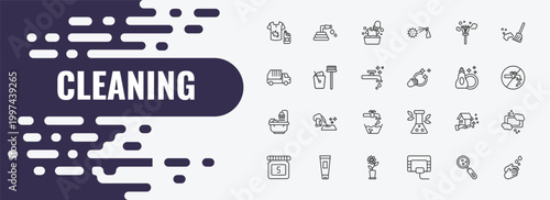 cleaning outline icon set. linear vector for ui, web and mobile. thin line garden hose, washing clothes, feather duster icons.