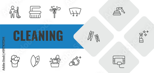 cleaning outline icon set. linear vector for ui, web and mobile. thin line cleaner, scrub brush, feather duster icons.