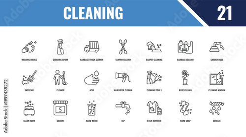cleaning outline icon set. linear vector for ui, web and mobile. thin line cleaning spray, garden hose, cleaning tools icons.