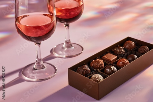 Chocolate and Wine Pairing on a Pink Background With Two Glasses and a Box of...