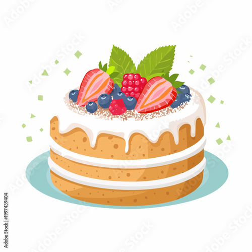 Frühlingskuchen mit Beeren und Puderzucker ästhetisch angerichtet