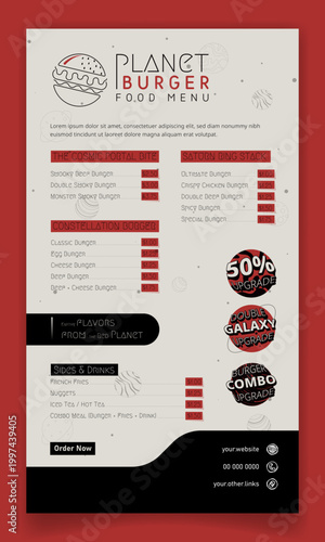 Food menu template for burger food with burger list and price list design