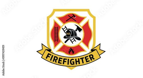 Firefighter emblem with tools and fire symbol on shield