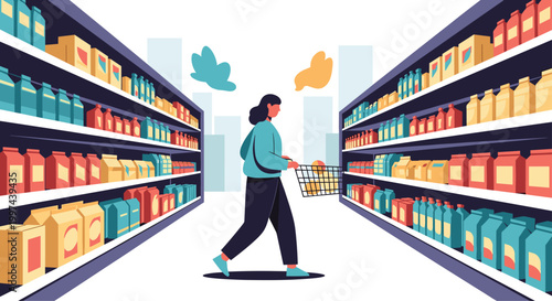 A woman with a shopping basket walking down the aisle of a grocery store or supermarket, browsing shelves full of products.
