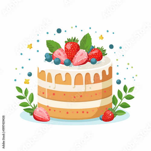 Frühlingskuchen mit Beeren und Puderzucker ästhetisch angerichtet