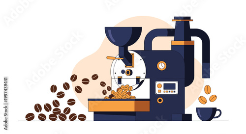 An industrial coffee roaster machine in operation, processing fresh coffee beans which are then collected into a cup.