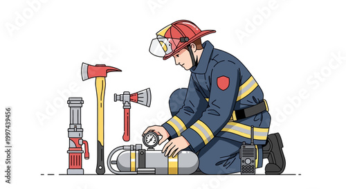 Firefighter preparing equipment with helmet and safety gear