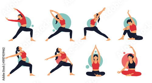 A set of eight illustrations showing a woman in various yoga poses, demonstrating flexibility, balance, and mindfulness.