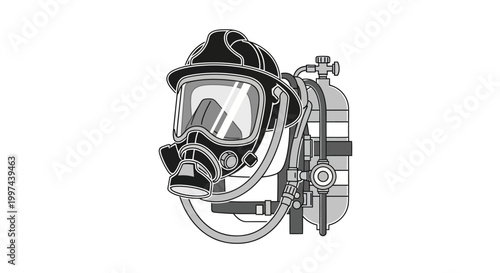 Monochrome illustration of firefighter breathing apparatus and helmet