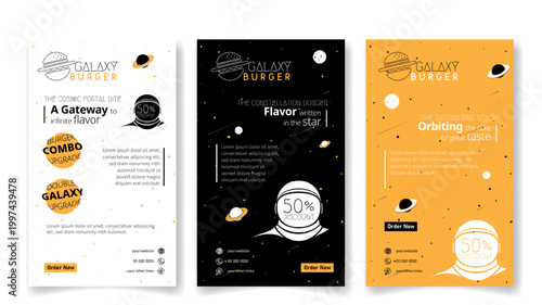 Set of social media post template in white black and yellow portrait background for burger food design