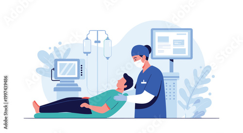 Medical professional, a nurse wearing a face mask, tends to a male patient in a hospital room with modern medical equipment.