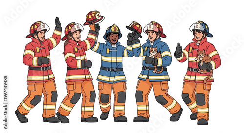 Group of cartoon firefighters celebrating in uniform with helmets
