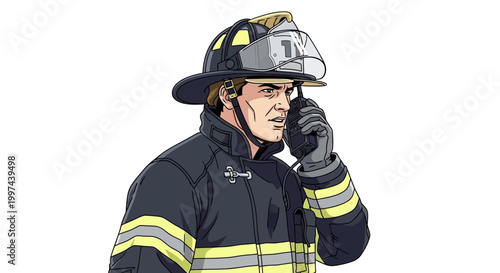 Illustration of firefighter in uniform using radio communication