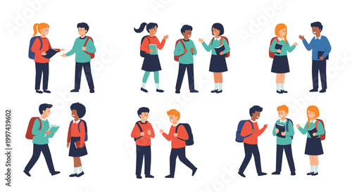 Collection of diverse school children with backpacks interacting in pairs, including boys and girls talking and walking together.