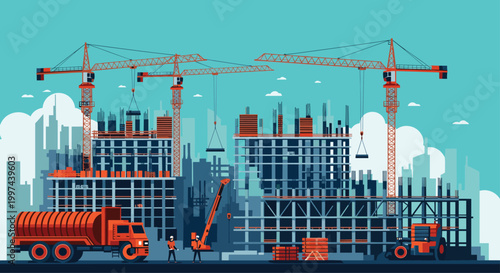 Busy construction site with multiple tower cranes, developing high-rise buildings, and heavy machinery against a city skyline.