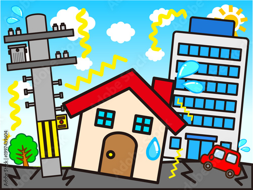 地震が発生した住宅街と街並みのイラスト素材4