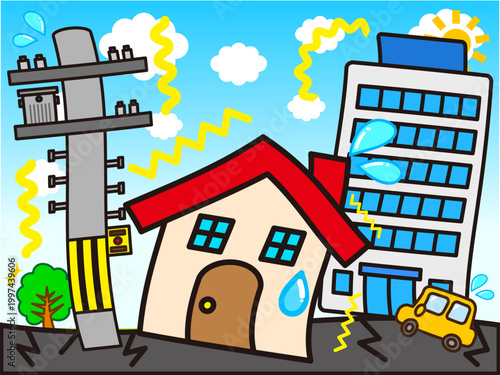 地震が発生した住宅街と街並みのイラスト素材2