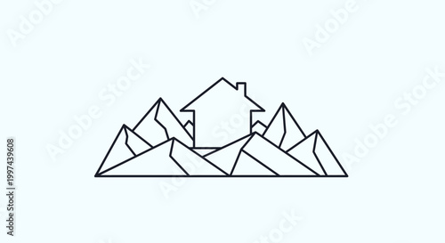 Minimalist House Silhouette on Geometric Mountain Peaks, Abstract Landscape