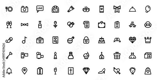 Wedding icon set. Vector illustration pack with bride, bouquet, cake, rings, love birds, invitation and more. Minimal linear style for your projects.