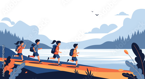 Group of four children with backpacks happily running along a scenic trail by a lake during a summer hiking adventure in nature.